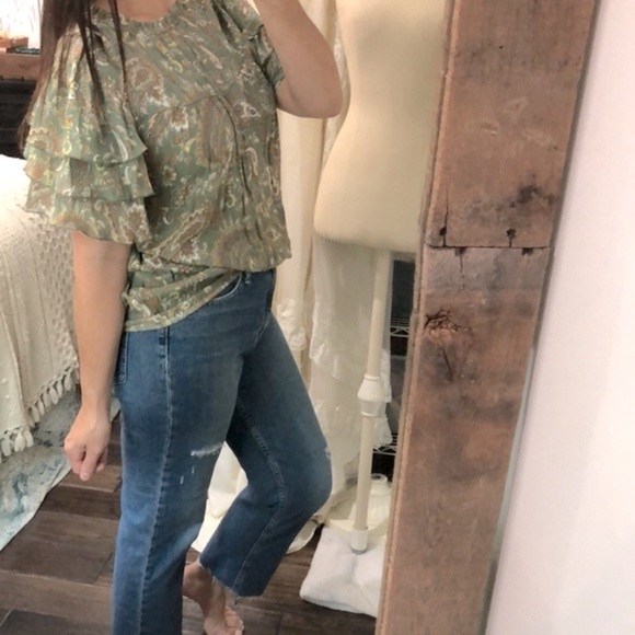 Nanette Lepore green floral top ruffle sleeves size large - Picture 4 of 10